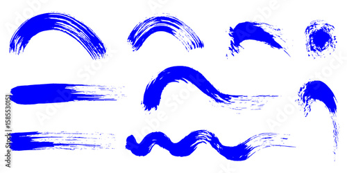 A curved blue ink vector line pack. Long, rounded hand-drawn brush strokes, highlighted text, frames, and circles. Modern Asian calligraphy. Eps 10.