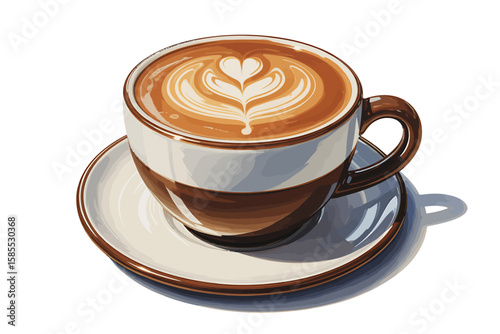 Delicious coffee cup with latte art heart design on white background