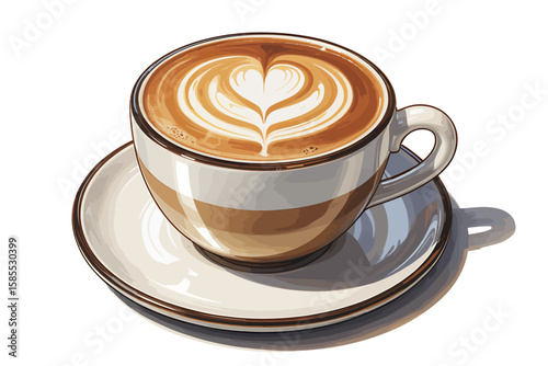 Delicious latte coffee with beautiful heart shaped latte art in a white cup on a saucer