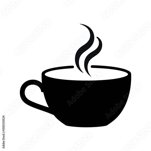 Simple black silhouette of a steaming coffee cup on a white background