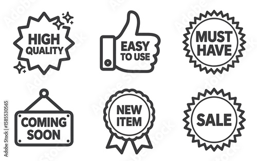 Collection of six graphic badges and icons for marketing and sales promotions