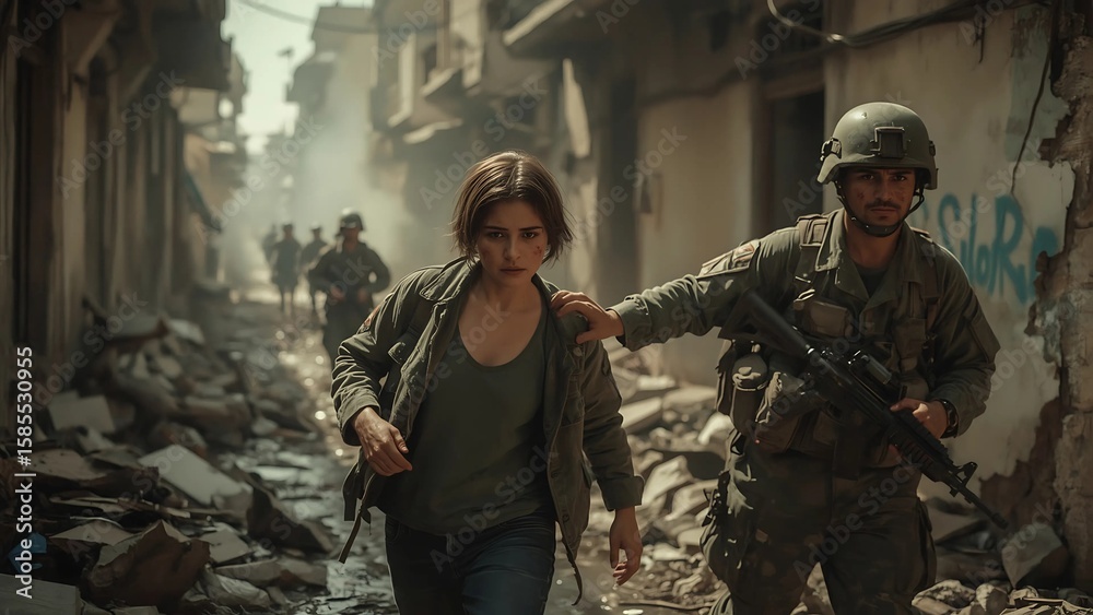 Fototapeta premium Soldiers Amidst Destruction, Military Action, and Rescue Operations in a War-Torn City, Helicopter Assistance and Combat Missions