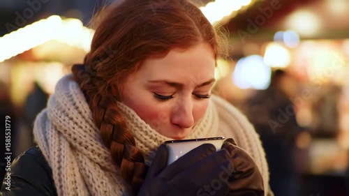 Happy redhead woman with a braid smiling while enjoying a hot drink at a festive Christmas market at night