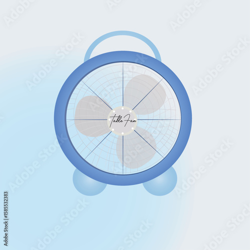 table fan Stylized blue table fan illustration viewed from the front. Minimalist summer cooling concept on a light background.