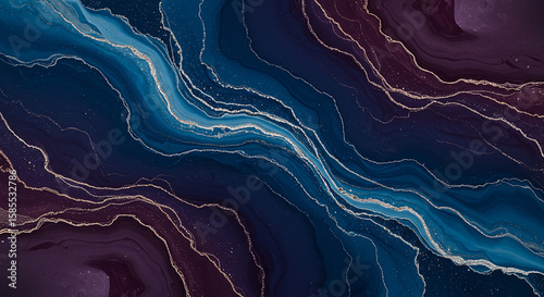 Abstract flowing waves of deep blue and purple with shimmering gold veins