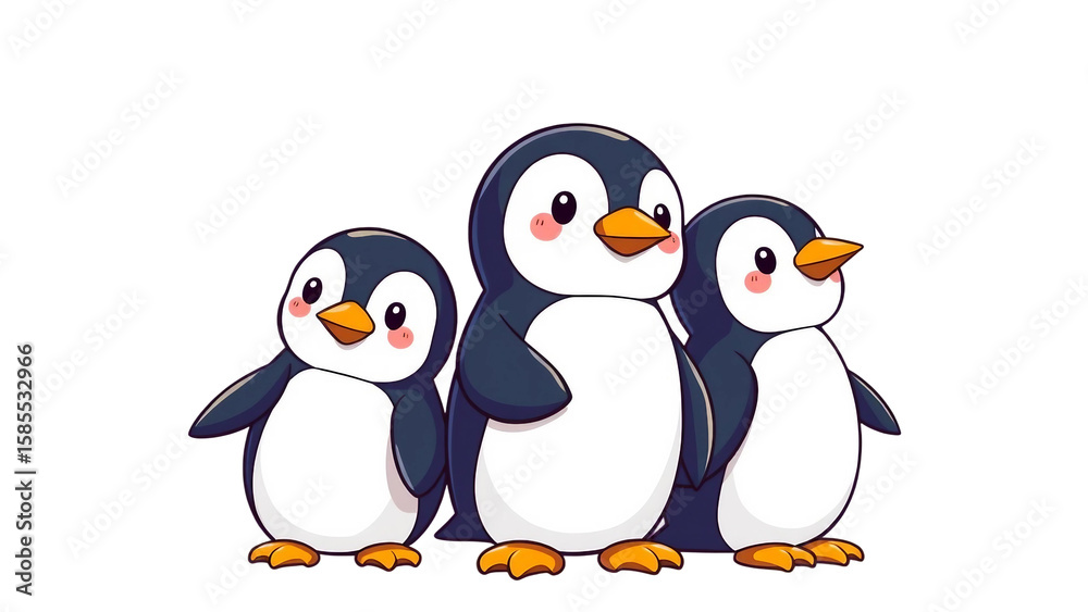 Fototapeta premium Drei lustige Chibi-Pinguine mit rosa Bäckchen in einer Reihe. Perfekt für Winterdesigns, Weihnachtskarten und Kinderprojekte mit transparentem Hintergrund.