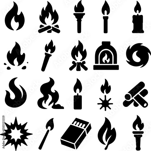 Collection of black fire and flame icons including campfires candles torches matches explosion and fireplace for design and web use