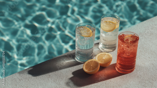 capture essence of summer vibes with artistic collection showcasing top  famous cocktails against stunning pool