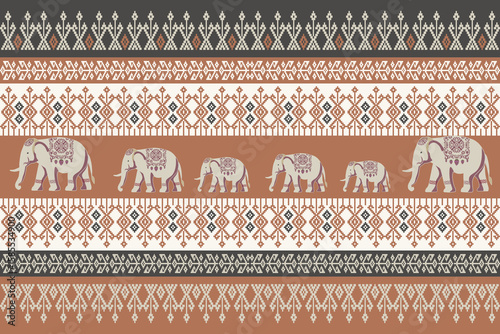 Thai textile pattern with traditional elephant motif in pixel art style, perfect for fabric, wallpaper, or cultural design projects. 