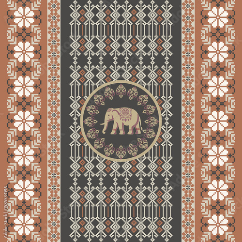 Thai textile pattern with traditional elephant motif in pixel art style, perfect for fabric, wallpaper, or cultural design projects. 