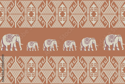 Thai textile pattern with traditional elephant motif in pixel art style, perfect for fabric, wallpaper, or cultural design projects. 