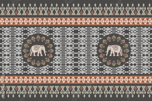 Thai textile pattern with traditional elephant motif in pixel art style, perfect for fabric, wallpaper, or cultural design projects. 