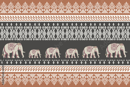 Thai textile pattern with traditional elephant motif in pixel art style, perfect for fabric, wallpaper, or cultural design projects. 