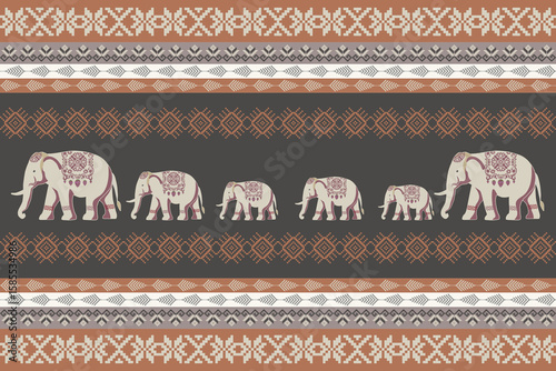 Thai textile pattern with traditional elephant motif in pixel art style, perfect for fabric, wallpaper, or cultural design projects. 