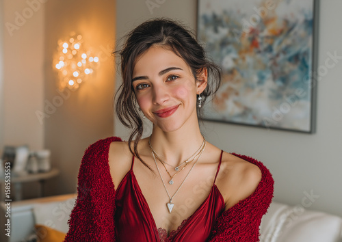 A slim Italian woman with dark hair sits in a white living room, smiling at the camera. She wears a shiny gray silk dress with a red sweater and light jewelry. A cup of coffee rests nearby on table.