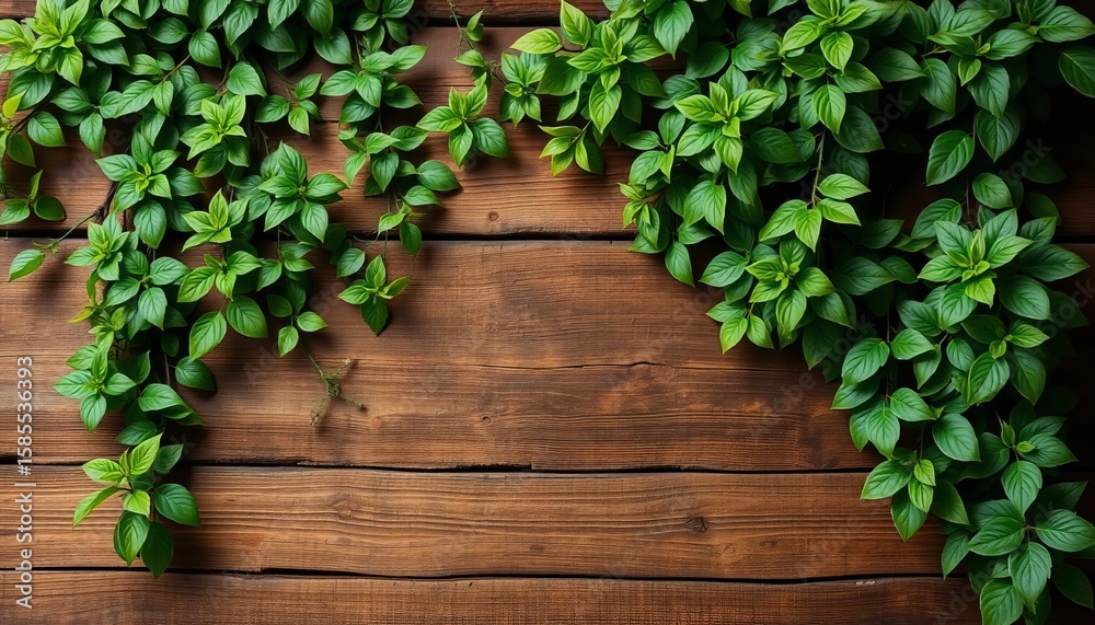Obraz premium Rustic wooden backdrop adorned with lush green foliage, photography, sustainable