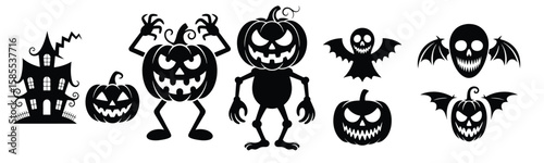 Halloween Pumpkin Grasping Vector Set, 8 Scary Silhouette Pumpkin Characters with Arms and Legs for Halloween Cards Posters Stickers T Shirt Prints and Comic Projects