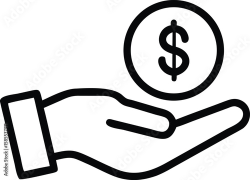 Hand holding dollar coin line art icon for finance and investment