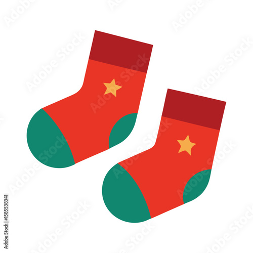 Two Christmas socks illustration in red green and gold with star details on white background