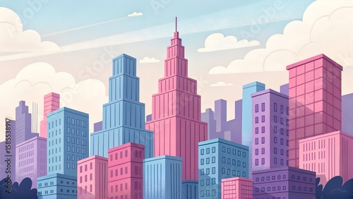  Pastel Cityscape Geometric Pink Blue Purple Buildings Illustration.