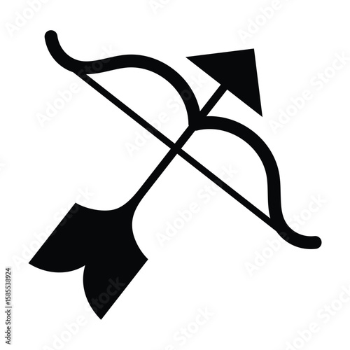 Bow and arrow symbol icon. Simple archery bow icon silhouette symbol website logo design. Ancient wooden bow and arrow isolated on white background. Vector illustration.