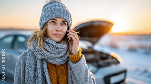 Young woman seeks help while stranded in the winter sunset landscape