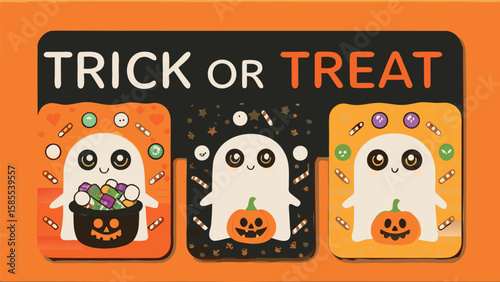 Three halloween themed cards featuring ghosts and pumpkins with trick or treat message above them