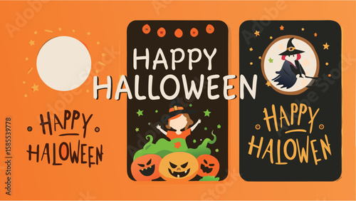 Three halloween themed illustrations with pumpkins, witch and happy halloween greetings on orange background
