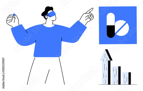 Person wearing VR headset interacting with technology, pill icons, and rising graph. Ideal for healthcare, technology, innovation, data analysis, growth, virtual reality simple landing page