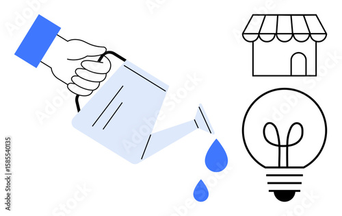 Watering can pouring drops near light bulb and store, symbolizing growth, nurturing ideas, and business development. Ideal for entrepreneurship, innovation, growth, smart ideas, leadership