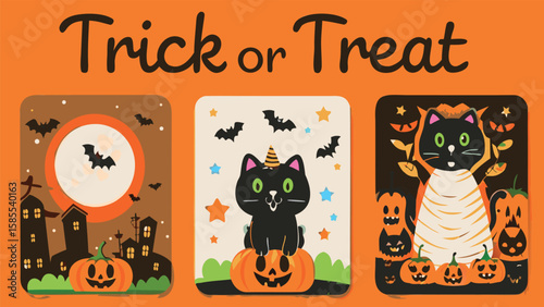 Three halloween themed cards with black cats pumpkins bats and the text trick or treat on orange