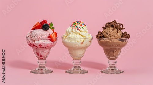 Variety of Delicious Ice Cream Sundaes in Glass Dishes on Pink Background