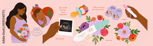 Pregnancy. Vector cute illustration of pregnant woman expectant mother, baby, heart, hand holding ultrasound photo, positive test in flowers, pacifier and booties for icons or greeting card. Newborn