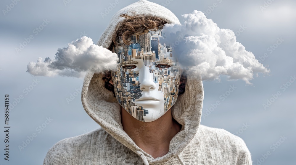 custom made wallpaper toronto digitalHuman essence blends with urban landscape and clouds in a surreal moment