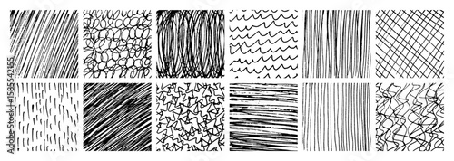 Set of monochrome hand-drawn crosshatch textures