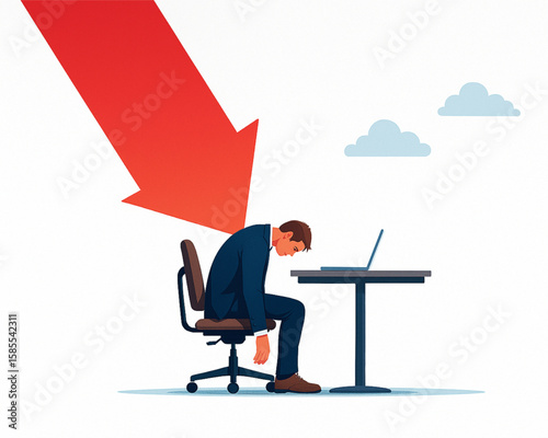Downward spiral shown with an exhausted businessman under a descending red arrow, representing business failure, crisis, or economic recession.