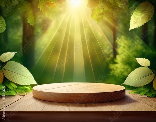 wooden podium in green forest with sun rays and leaves natural sunlight product display on wooden surface with fresh leaves perfect for social media story virticle image