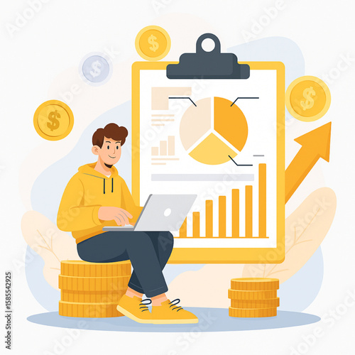 Young entrepreneur analyzing financial charts on laptop, sitting on gold coins, with upward arrow, emphasizing investment growth and business success.