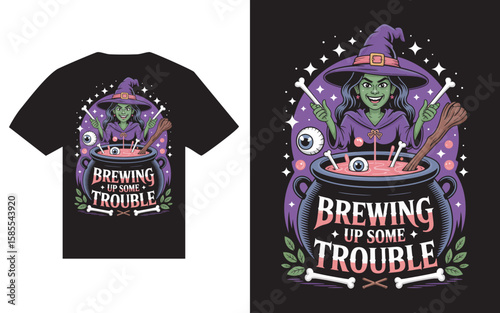 Wicked witch brewing up some trouble with a cauldron and bones