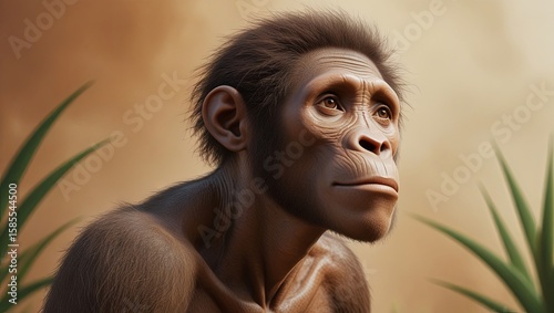 A detailed portrait of Australopithecus, capturing the facial features and expression of this early hominid species, offering a glimpse into human evolutionary history