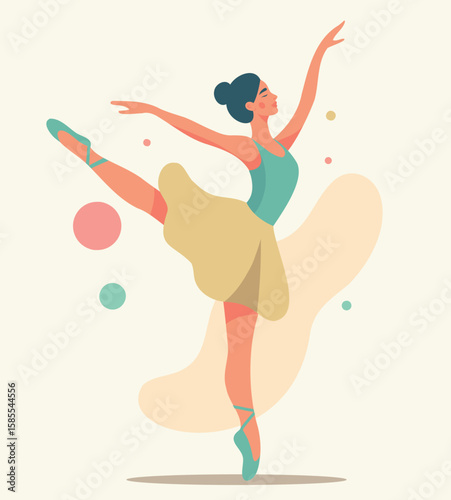 Elegant ballerina on pointe shoes. Graceful pose, pastel colors, flat vector illustration. Ideal for ballet, art, performance and feminine movements