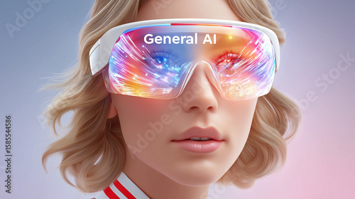 General AI (Strong AI): First-person perspective looking through augmented reality smart glasses,  interactive holographic elements in the foreground. The display  