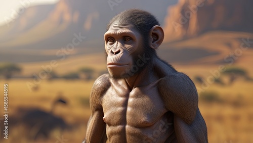 A detailed portrait of Australopithecus, capturing the facial features and expression of this early hominid species, offering a glimpse into human evolutionary history