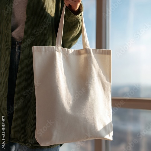 Close up of woman holding blank tote bag