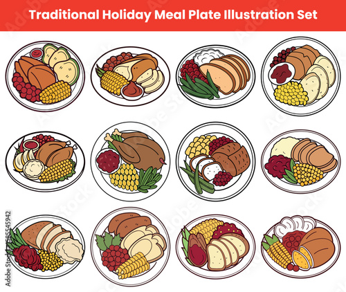 Holiday Meal Plates Illustration of Thanksgiving and Christmas Dinner with Turkey and Sides