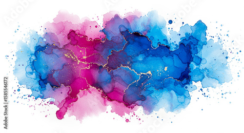 Abstract watercolor splash with pink blue and gold accents on white background