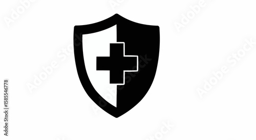 Black and white shield with a medical cross symbolizing protection and health safety assurance concept