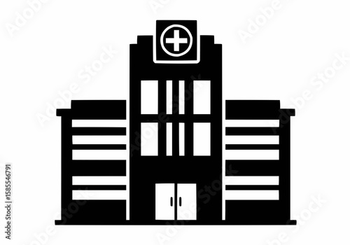 Silhouette illustration of a hospital building with a cross on top in black and white colors
