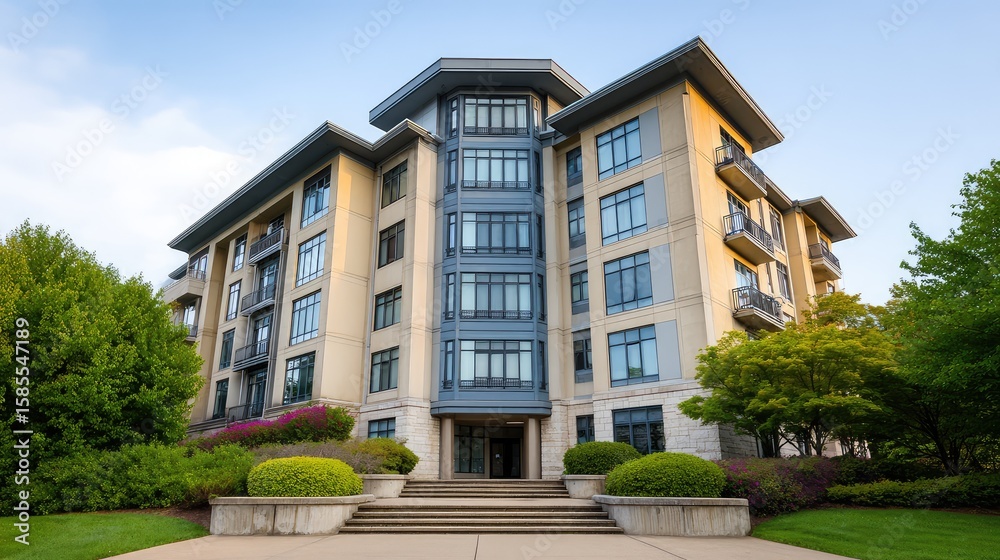 Fototapeta premium Contemporary business building with multiple levels of windows and balconies, landscaped entryway with empty space