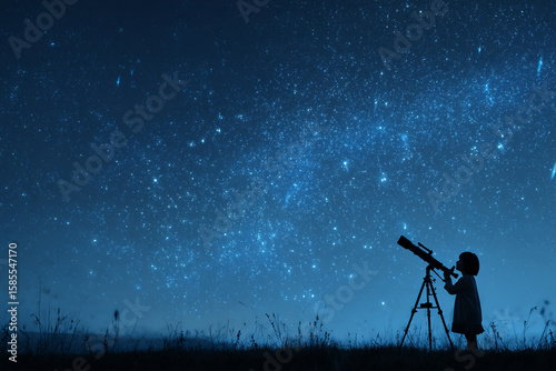Child Stargazing with Telescope Under Starry Sky